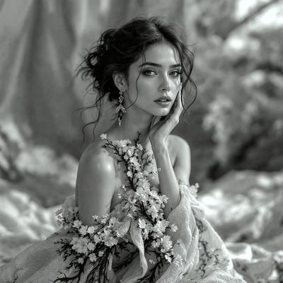 The primary subject of the image is a woman with long hair, wearing a flowery dress and earrings. She is sitting on a bed, posing for the camera. The setting is a bedroom, with a tree visible in the background. The visual style is a black and white photo, giving the image a classic and timeless feel. The colors and mood are predominantly dark and moody, with the woman's hair and dress being the main source of color.
